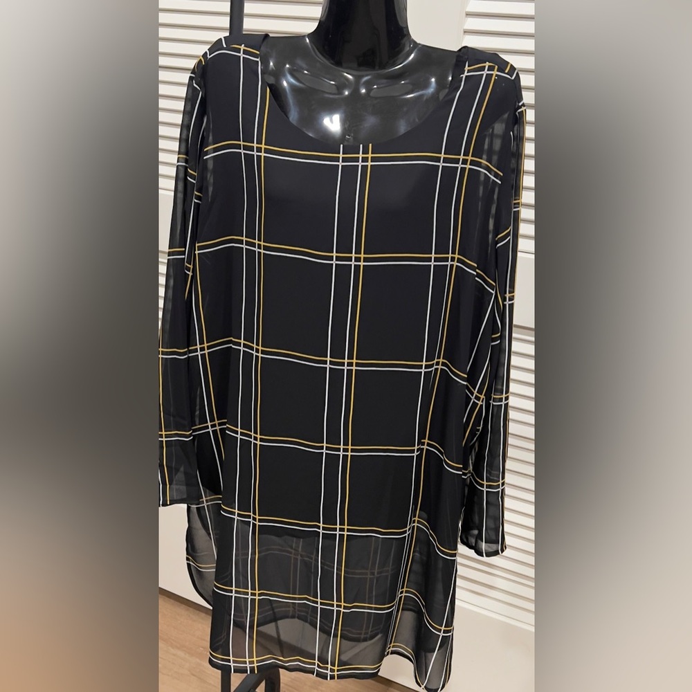 Alfani Black and Gold Plaid Long Sleeve Dress